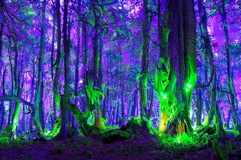 Prompt: bioluminescent pandora nighttime forest. dark. soft glow.