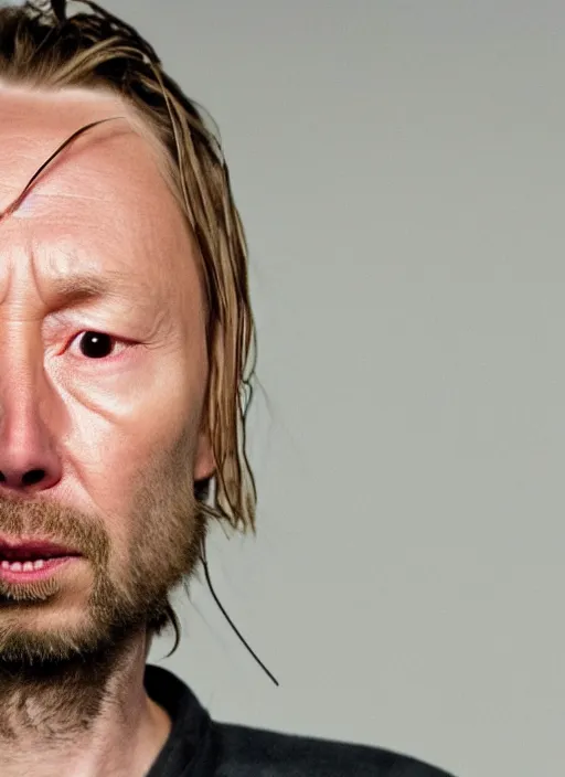 Prompt: A hyper realistic ultra realistic photograph of Thom Yorke with no eyes detailed photorealistic imagery 8k