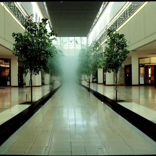 Image similar to Beautiful cameraphone 2000s, soft liminal Photograph of foggy mall with water on the floor plants growing