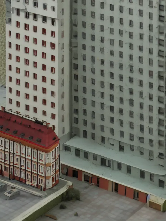 Prompt: a soviet apartment building, miniature, diorama , isometric, 3d render, studio lighting, soft light, 80mm, cheap plastic material, one object