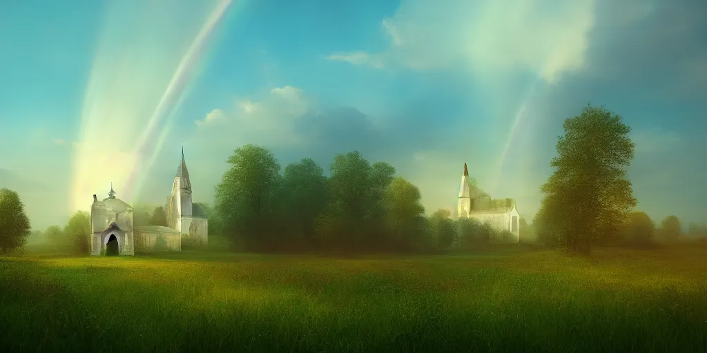 Prompt: idyllic church chapel with a steeple in a lush countryside meadow forest, rainbow across the sky, ethereal, golden swirling dust, iridescent, atmospheric, volumetric, cinematic, light breaking through clouds, greg rutkowski, wlop, otherworldly, glowing, trending on artstation, 8 k, unreal engine