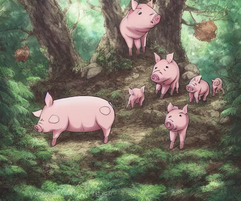 Image similar to pig in a forest, anime fantasy illustration by tomoyuki yamasaki, kyoto studio, madhouse, ufotable, comixwave films, trending on artstation