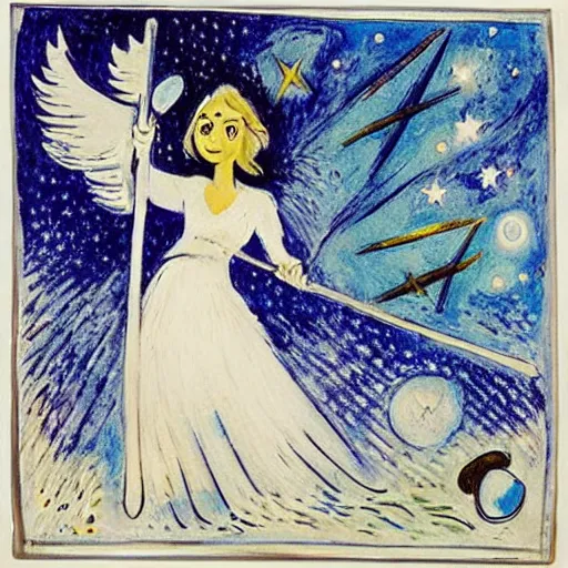 Prompt: The land art features a woman with wings made of stars, surrounded by a blue and white night sky. The woman is holding a staff in one hand, and a star in the other. She is wearing a billowing white dress, and her hair is blowing in the wind. cubic zirconia, Pokémon by Marc Chagall, by Wilfredo Lam monumental, threatening