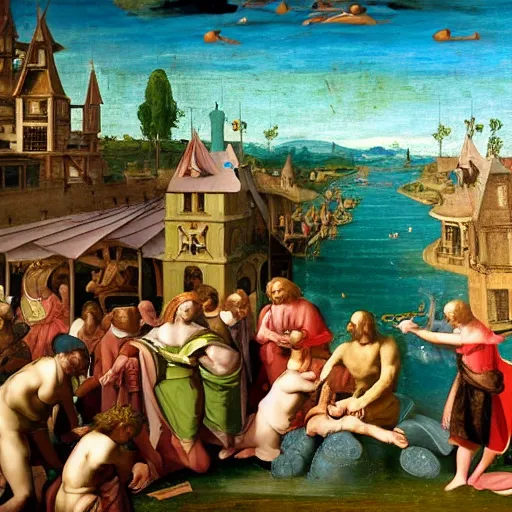 Prompt: renaissance painting of medieval waterpark, highly detailed, beautiful lighting