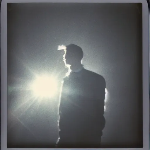 Image similar to wide angle, old polaroid of a man being illuminated by few sun rays, black and white