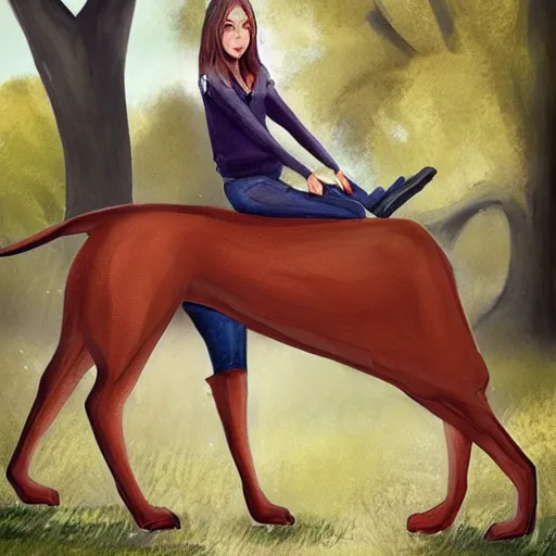 Image similar to girl riding a giant doberman dog in the park, trending on artstation