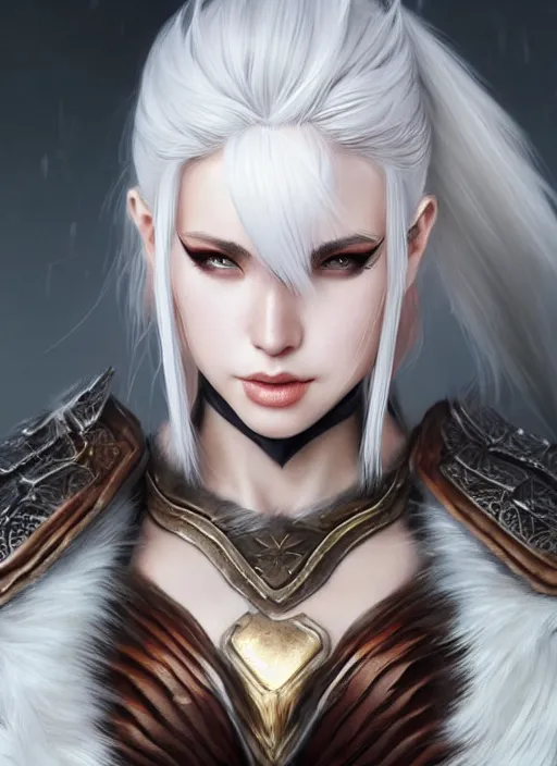 Image similar to warrior, fur leather armor!!! beautiful and elegant white hair female!! gorgeous ayes!! character concept art, sharp focus, octane render! unreal engine 5! highly rendered!! trending on artstation!! detailed linework!! illustration by artgerm, wlop, and chie yoshii