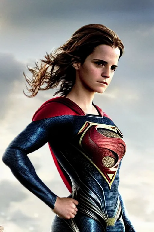 Image similar to a fancy close up of Man of Steel cast as Emma Watson by Greg Rutkowski, full body shot