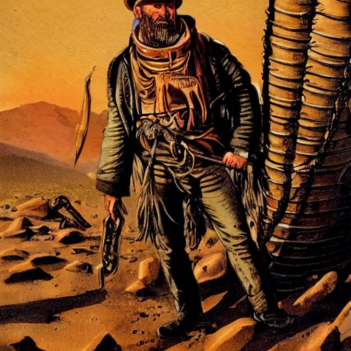 Prompt: 19th century scruffy american trapper, on mars, pulp science fiction illustration