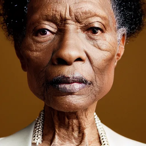 Image similar to a muted colors natural make-up portrait Photograph of an elderly black model, editorial story, British Vogue, editorial photography