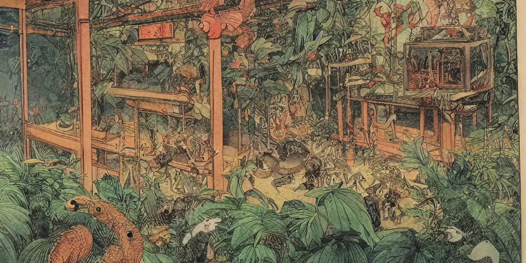 Prompt: 1 9 th century vivarium, detailed zoo environment by moebius and mohrbacher, japanese childrens book, 1 9 8 0 s,