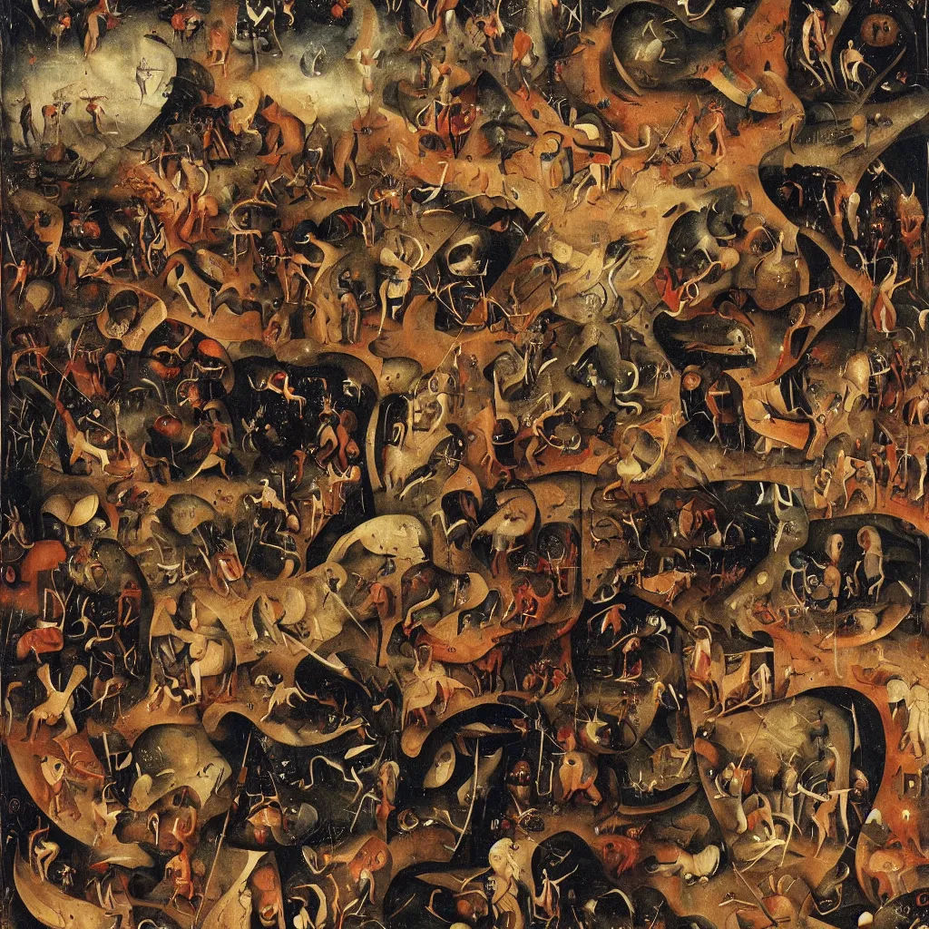 Image similar to painting worshippersof the void made by bosch