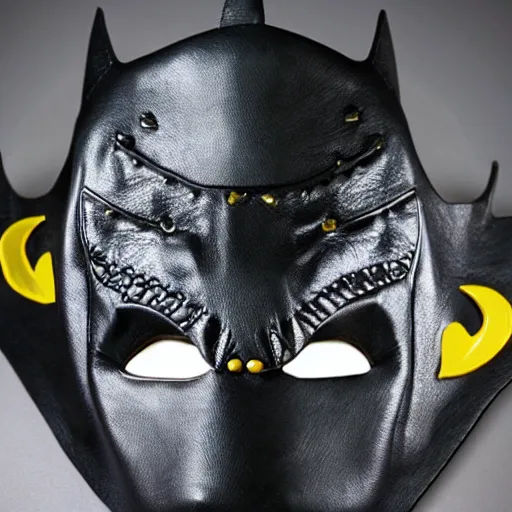 Image similar to luxury crocodile leather batman mask with golden seams, luxury item showcase, studio lighting