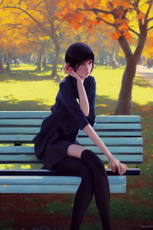 Image similar to A ultradetailed beautiful panting of a stylish girl siting on a park bench, Oil painting, by Ilya Kuvshinov, Greg Rutkowski and Makoto Shinkai