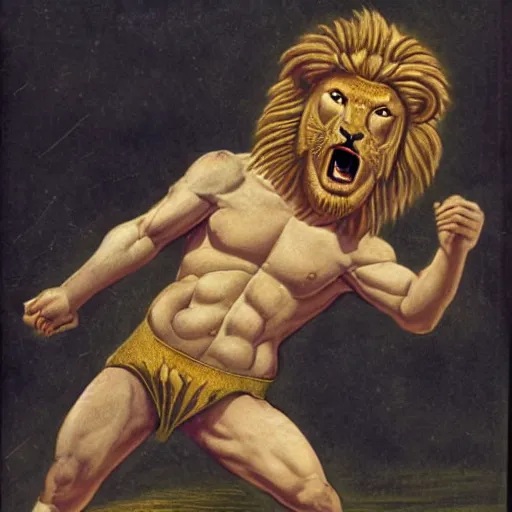 Prompt: Biblical Samson wrestling lion