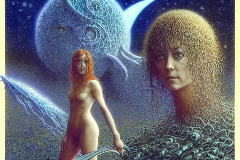 Prompt: cute young alyson hannigan with short hairs on lovecraftian planet by jean delville by luis royo and wayne barlowe, beksinski