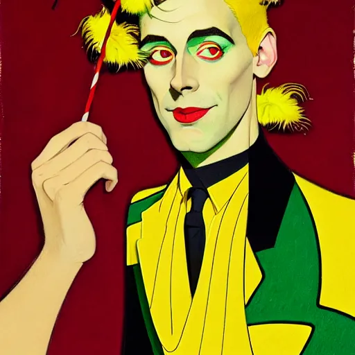 Image similar to art by joshua middleton, a medium shot portrait of the golden creeper, a tall manically smiling yellow - skinned man with green and black striped cycling shorts and wearing a long red and black striped ostrich feather boa, yellow makeup, mucha, kandinsky, poster, art deco motifs, comic art, stylised design, scarlet feather boa