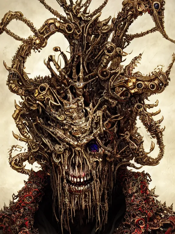 Image similar to portrait art of 8k ultra realistic undead eldritch horror corrupted vampire king, ornate gold crown , detailed intricate ornate armour,decaying, cybernetic, full of colour, cinematic lighting, battered, trending on artstation, 4k, hyperrealistic, focused, extreme details,unreal engine 5, cinematic, masterpiece, art by ayami kojima, giger