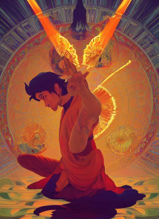 Image similar to symmetry! portrait of aladdin, orange spike aura in motion, floating pieces, painted art by tsuyoshi nagano, greg rutkowski, artgerm, alphonse mucha, spike painting