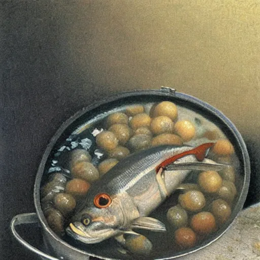 Prompt: sardine in a can, extremely detailed masterpiece, illustration, by michael sowa,