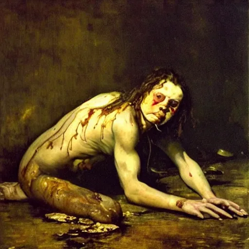 Prompt: realistic Courbet painting of a sci-fi laboratory with dressed ragged zombie with body made guts and veins dripping golden shiny metalic cascade fluid from ribcage to the floor. liquid shiny pool of gold on the floor. blue light. night.