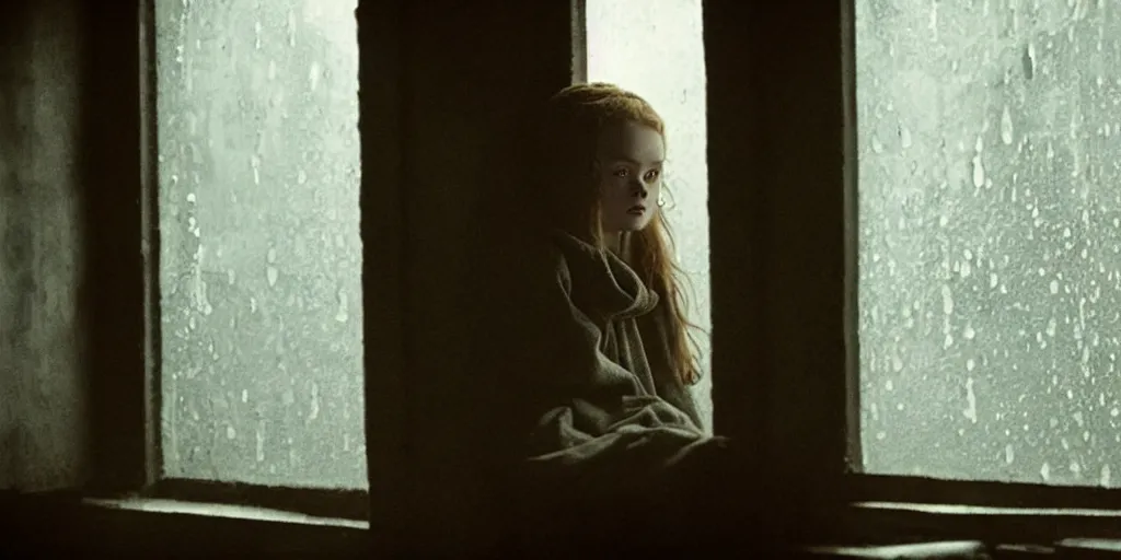 Image similar to at night, sadie sink in hoodie sits on windowsill, knees tucked in | rain falls, old brick wall with ussr propaganda posters : imax b & w film stock, anamorphic, single long shot from schindler's list by steven spielberg. cyberpunk, cinematic atmosphere, detailed and intricate, perfect anatomy