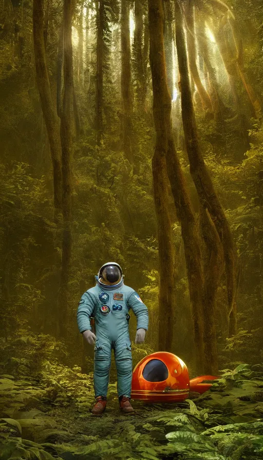 Prompt: american astronaut in the forest in orange and teal suite, plants environment wide angle cinematic lighting atmospheric realistic octane render highly detailed, octane render, in the style of craig mullins