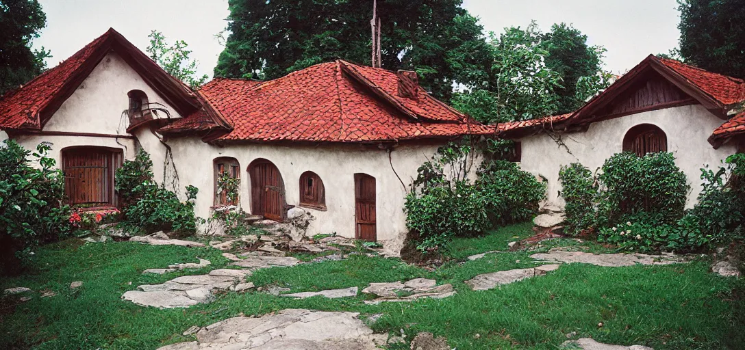 Image similar to house in carpathian vernacular style. outdoor landscaping designed by roberto burle marx. fujinon premista 1 9 - 4 5 mm t 2. 9. portra 8 0 0.