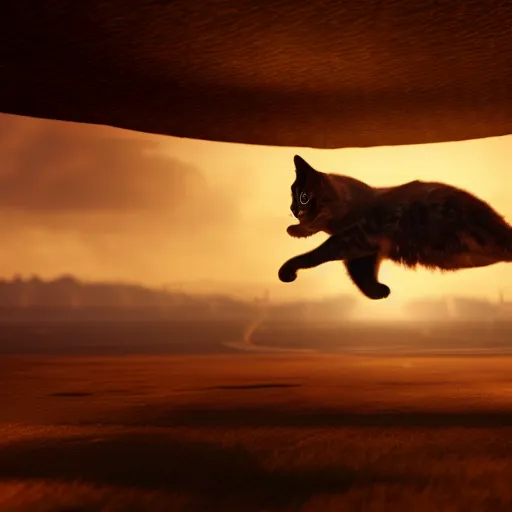 Image similar to Cinematic shot of flying cat, hd, 4k, AAA game, octane render, raytracing, RTX