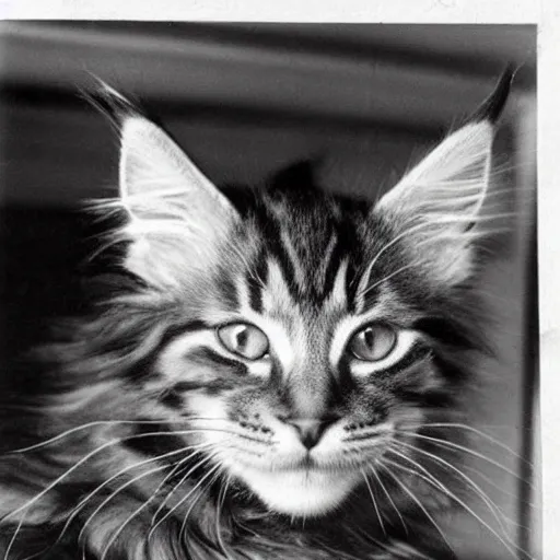 Image similar to close up of a maine coon kitten wearing soldier helmet in the battle, ww 2, black & white