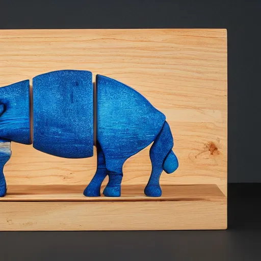 Prompt: repurposed elm wood composite mixed with straight lines blue epoxy resin, studio zeiss 1 5 0 mm f 2. 8 hasselblad, dramatic lighting, a photo of a model hippo, award - winning photo