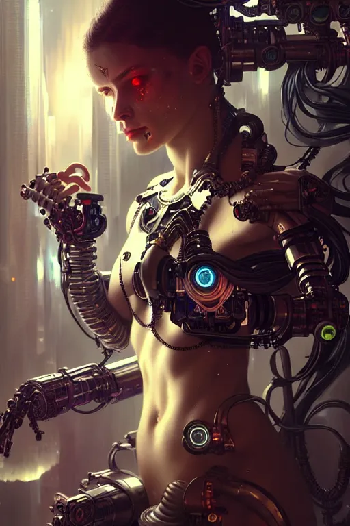 Image similar to ultra realistic, beautiful female cyborg in a crowded smoky cyberpunk club in space megalopolis, sci - fi, intricate details, eerie, highly detailed, octane render, 8 k, art by artgerm and alphonse mucha and greg rutkowski