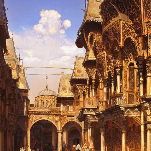 Prompt: orientalist medieval fantasy city with glittering copper domes and street paved with lapis and marble intricate artwork by john william waterhouse and Edwin Longsden Long and Theodore Ralli and Henryk Siemiradzki. trending on artstation, very coherent symmetrical artwork high detail 8k