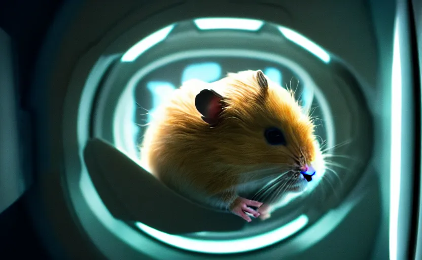 Image similar to hamster, inside a spaceship, movie still, star wars, cinematic, sharp focus, cinematic lighting, 8 k