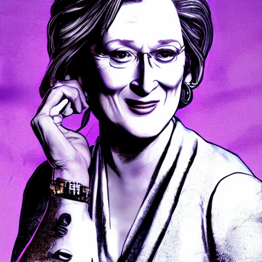 Image similar to meryl streep portrait, borderlands, tales from the borderlands, the wolf among us, comic, cinematic lighting, studio quality, 8 k