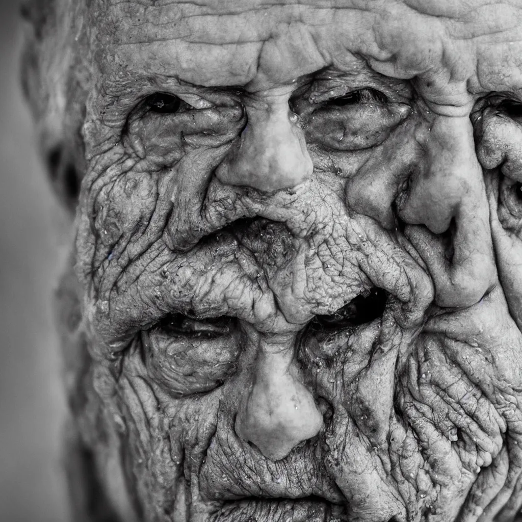 Prompt: a portrait of a disgusting wrinkled old man, ghoulish eyes, dripping snot from nose, realistic photograph