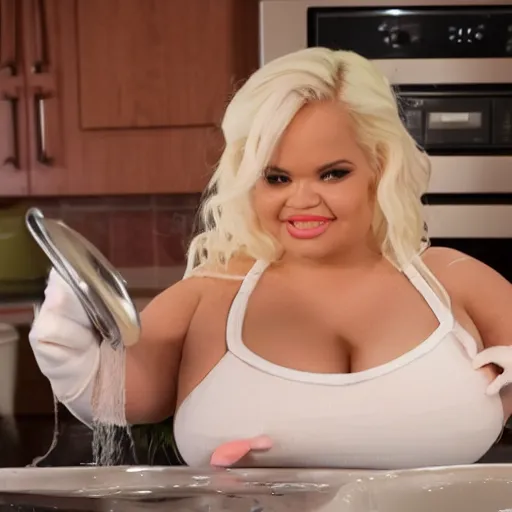 Prompt: closeup shot of trisha paytas doing the dishes