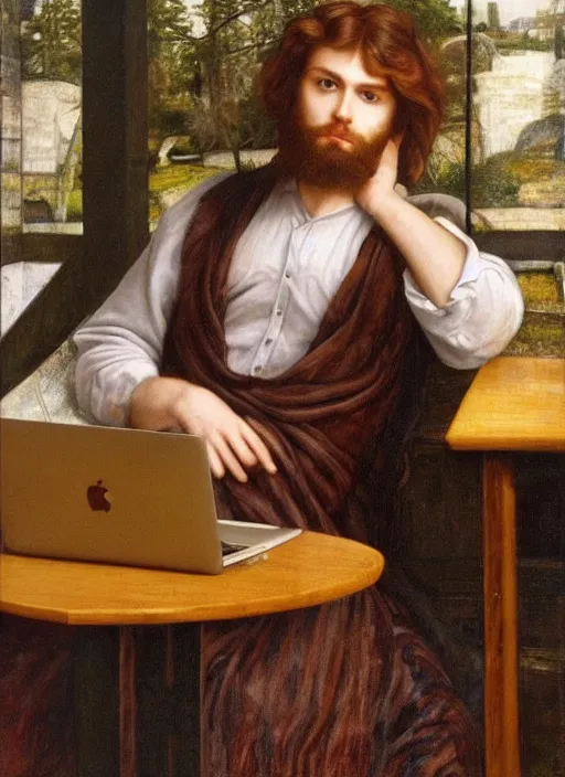 Prompt: Pre-Raphaelite young beautiful muscular brown-haired bearded muscular male with macbook sitting in a coffeshop