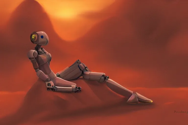 Image similar to a beautiful girl robot sitting on mars relaxing, red lighting, mist, digital art,