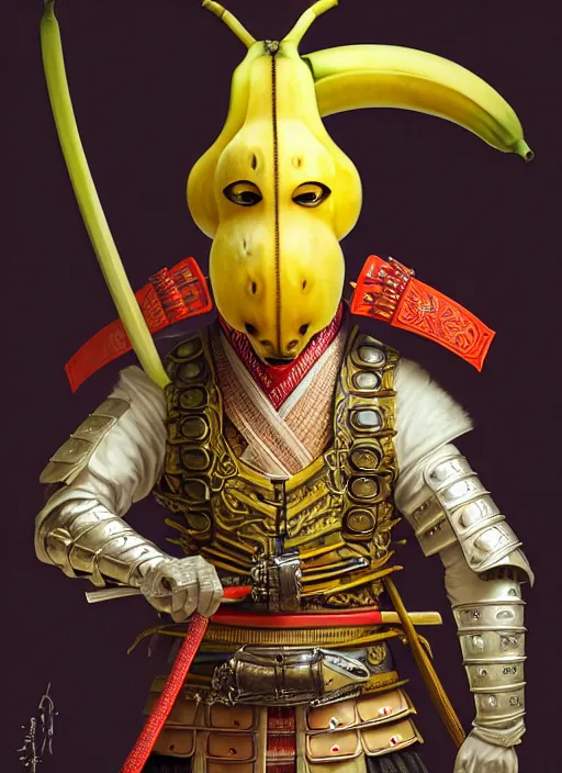 Image similar to a anthropomorphic banana wearing samurai armor, diffuse lighting, fantasy, intricate, elegant, highly detailed, lifelike, photorealistic, digital painting, artstation, illustration, concept art, smooth, sharp focus, art by john collier and albert aublet and krenz cushart and artem demura and alphonse mucha