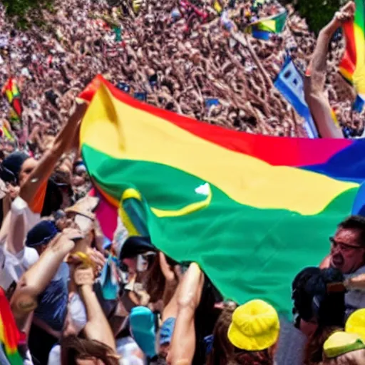 Image similar to photograph of president jair bolsonaro waving a rainbow flag at a pride parade