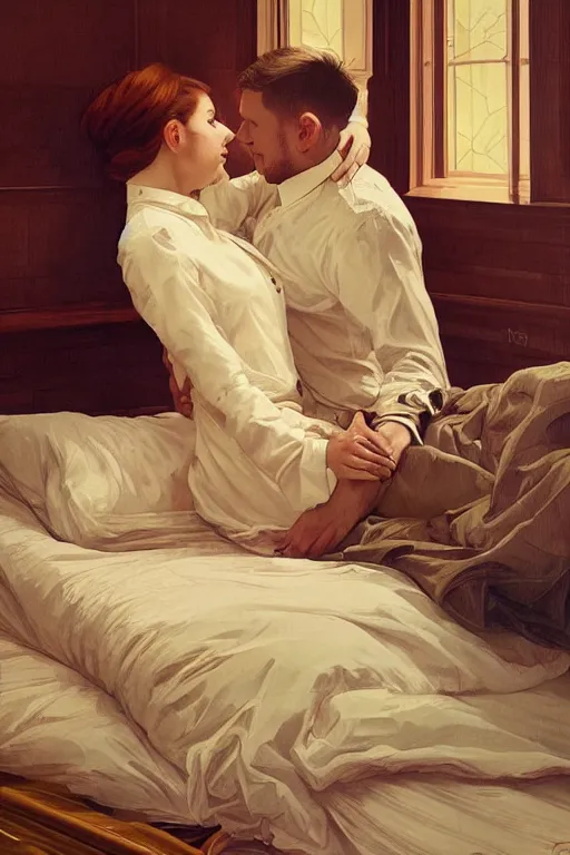 Prompt: portrait of a man in dhl uniform hugging his wife in a bed, feelings, romantic, fantasy, intricate, elegant, highly detailed, digital painting, artstation, concept art, smooth, sharp focus, illustration, art by artgerm and greg rutkowski and alphonse mucha