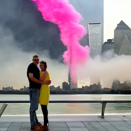 Image similar to a proud couple standing in front of 9 / 1 1 with pink smoke