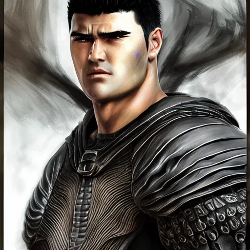 Image similar to digital art semi-realistic portrait of guts from berserk extremely detailed, made by wlop and maxwell boas