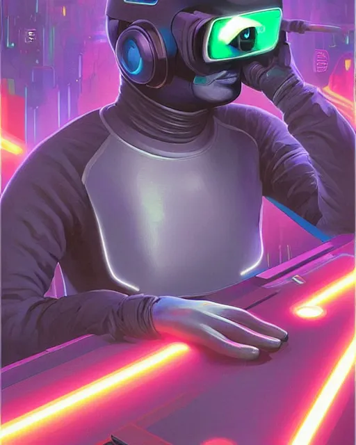 Image similar to silly sloth as future coder man looking on, sleek cyclops display over eyes and sleek bright headphoneset, neon accent lights, holographic colors, desaturated headshot portrait digital painting by dean cornwall, rhads, john berkey, tom whalen, alex grey, alphonse mucha, donoto giancola, astronaut cyberpunk electric