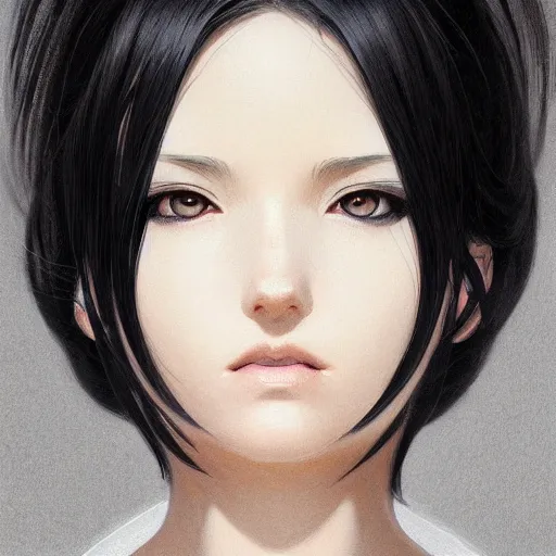 Prompt: portrait of beautiful symmetrical anime girl, black hair, attractive, casual, modern, highly detailed, digital painting, artstation, concept art, smooth, sharp focus, illustration, art by moebius artgerm, greg rutkowski and alphonse mucha, 8 k