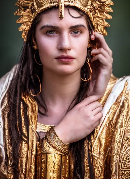 Prompt: Portrait of a beautiful priestess from the oracle of Delphi, looking into the flames, greek mythology, high face detail, Photography, dramatic lighting, Sony A7III, 85mm, f1.4,