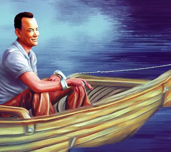 Prompt: Tom hanks as forrest gump sitting in a giant shrimp boat, majestic beautiful world, digital art, amazing detail, artstation, in the style of maurice sendak