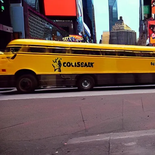 Image similar to giant snake eats yellow school bus, bus swallowed by giant snake, time square, cinematic, dramatic, film still