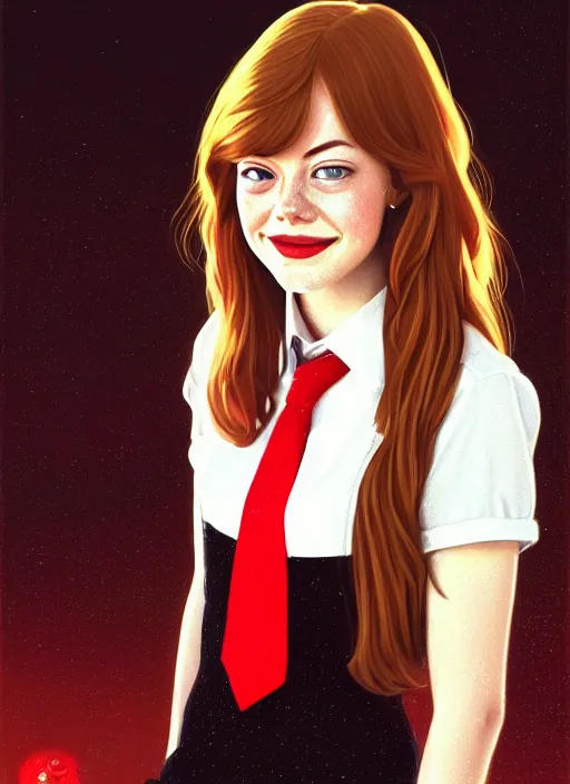 Image similar to portrait of teenage emma stone, long haircut, flowing ginger hair, white shirt, red tie, smiling kindly, soviet house at background, 1 9 8 0 s, intricate, elegant, glowing lights, highly detailed, digital painting, artstation, concept art, smooth, sharp focus, illustration, art by wlop, mars ravelo and greg rutkowski